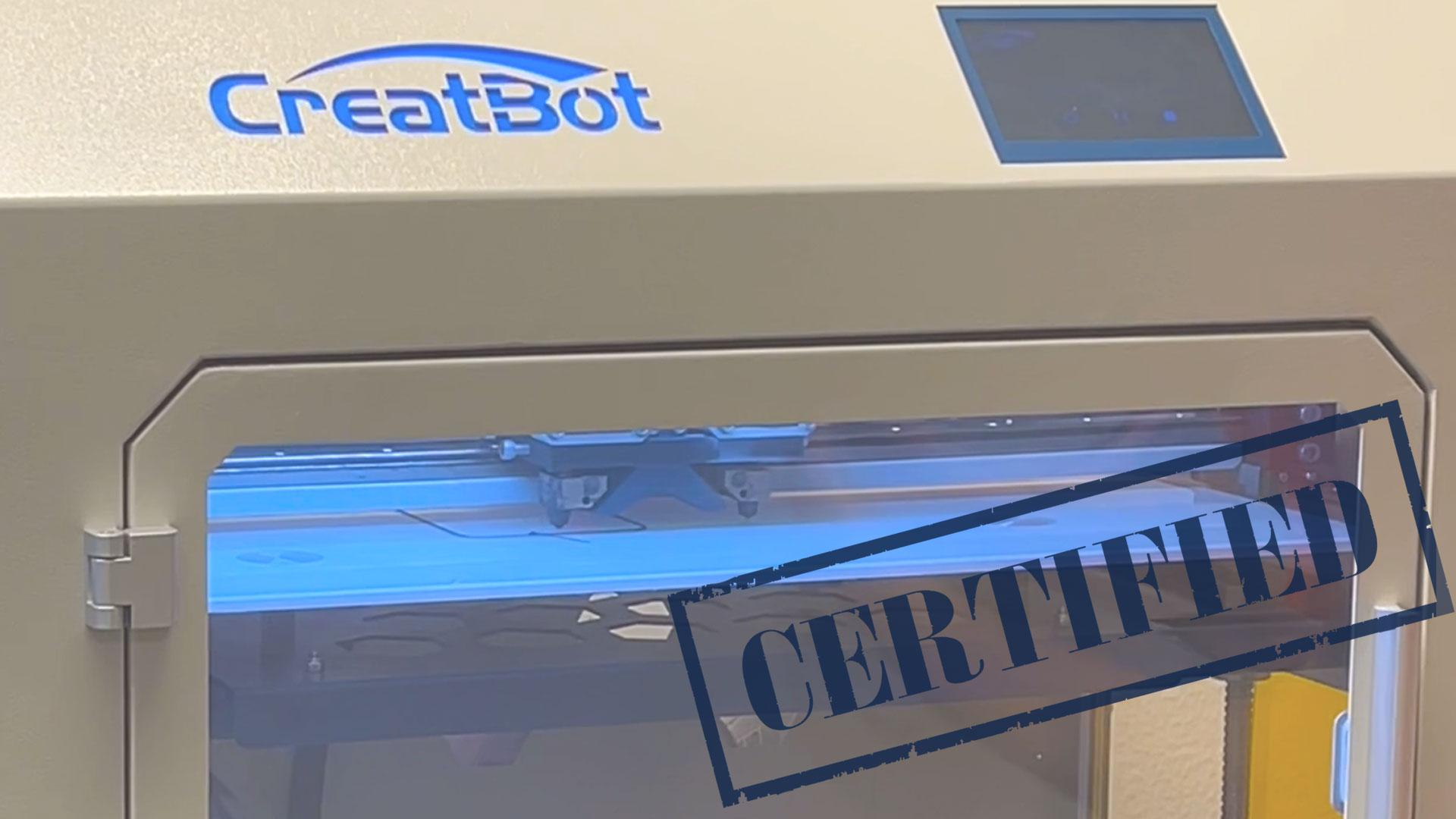 Close-up af CreatBot F430 3D-printer med teksten Certified