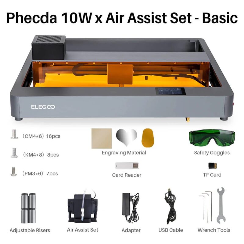 Elegoo Phecda laserskærer og -graver – 10W + Air Assist – Pakke 1 hos 3D Printeq